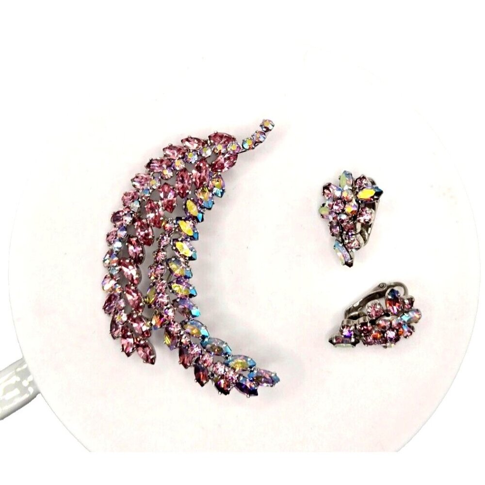 Sherman Signed Rare Pink Mauve Brooch and Earrings AB Rhodium Vintage 3" brooch
